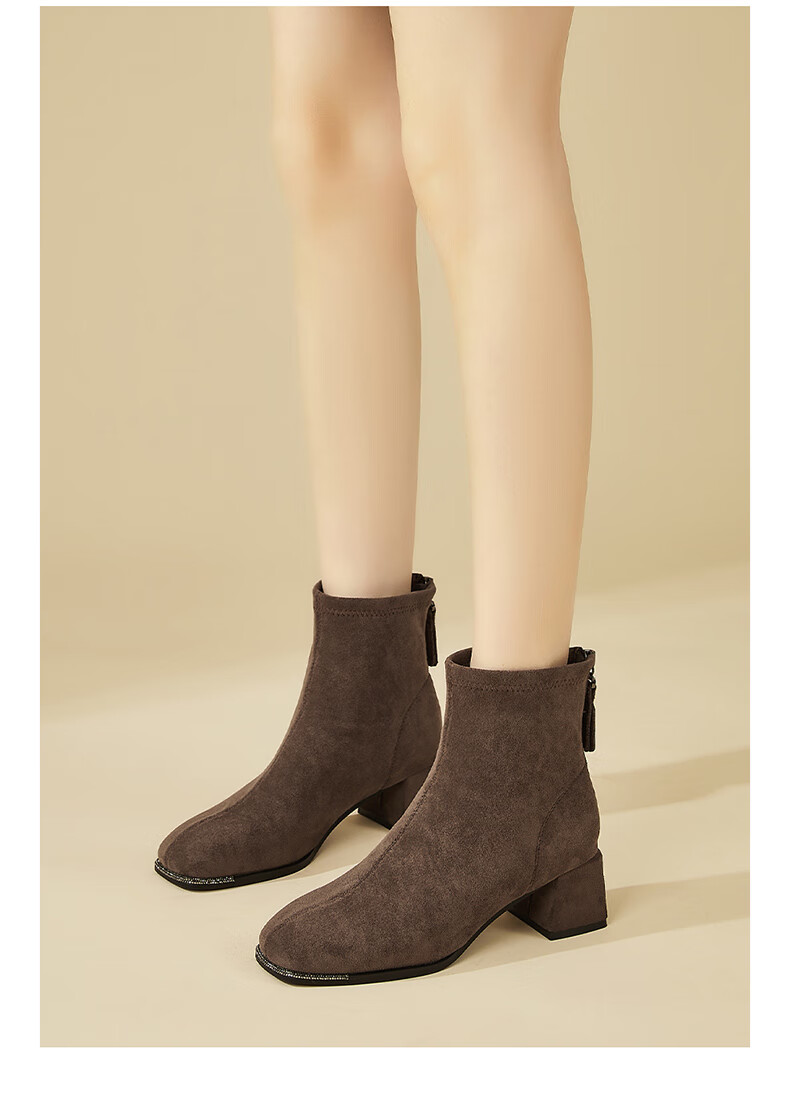 DAPHNE Suede Ankle Boots Women Chunky Mid Heels Slim Winter Fleece French Style Versatile Khaki Fleece Lined Boots Size 37 5