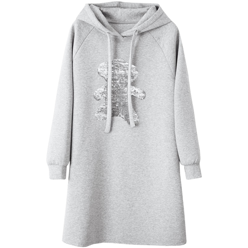 Dme [Embroidered Sweatshirt Dress], Winter Hooded Straight-Leg Sequin H-Type Dress for Women, Gravel Color, Size L
