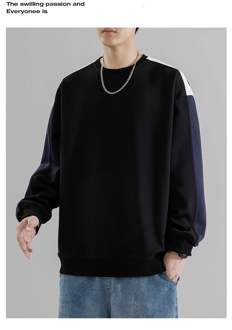 Foss Phil Crew Neck Sweatshirt for Men, Spring And Autumn Loose Casual Patchwork Color-Block Trendy T-Shirt Top 8883 Black M 11