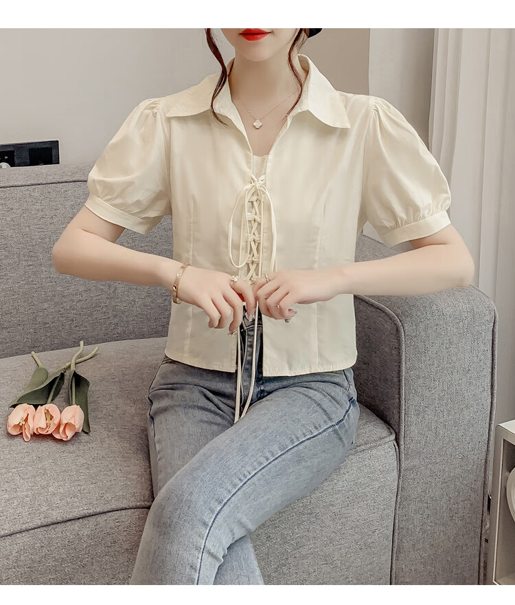 JEANSWEST Women's Summer 2025 Loose Puff Sleeve Short Sleeve Crop Shirt White L 17