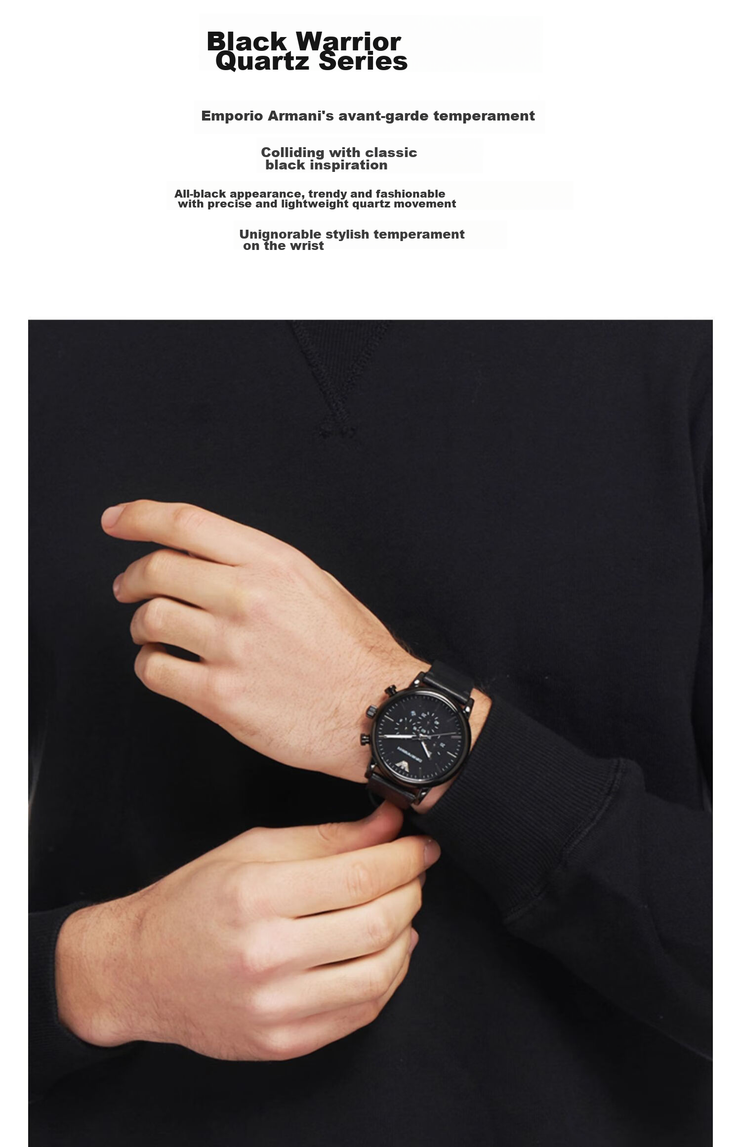 EMPORIO ARMANI Men's Black Knight Series Watch, Glossy Black Leather Strap Casual Quartz Watch Birthday Gift AR1918 2