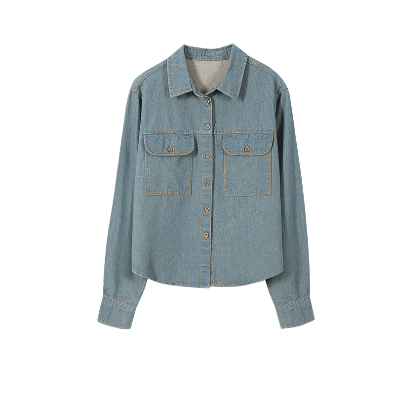 Dme [Turn-Down Collar Denim Shirt] Spring And Autumn Layered Pocket Vintage Street Style Casual Fashion Basic
