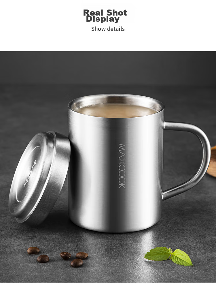 MAXCOOK 304 Stainless Steel Water Cup with Lid, Double-Layer Mug for Office, Tea Brewing And Drinking, Home Use Cup, 400ml 14