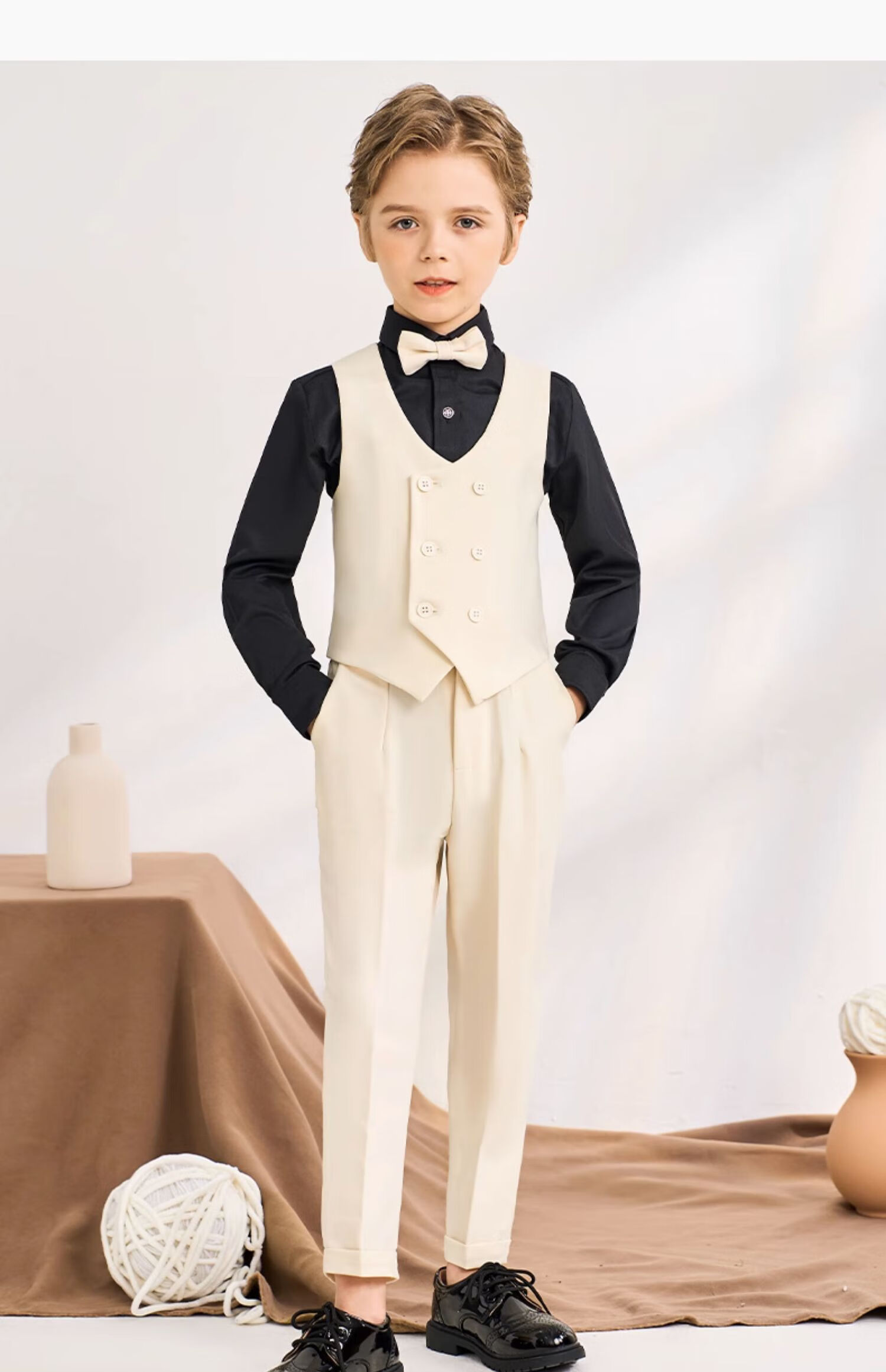 Luomeng Boys' Suit Set, Baby's First Birthday Formal Wear, Children's Wedding Flower Boy Outfit, Beige Vest Set, Size 80 16