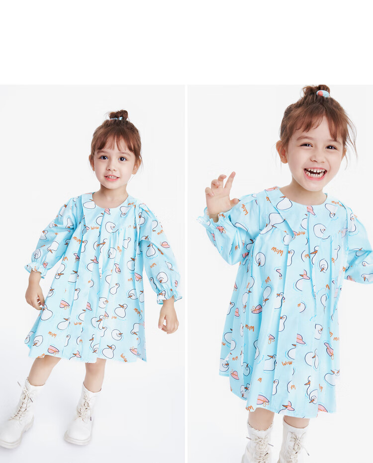 Annil Girls' Long-Sleeve Dress for Spring, Blue Floral Pattern, Size 100 8