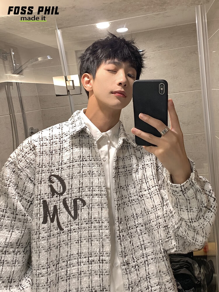 Foss Phil Men's Jacket, Spring And Autumn Fashion Brand Chanel-Style Coat, Plaid Lapel, Korean Version Loose Outerwear, FPJK10 Black M 17