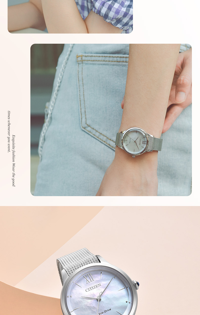 CITIZEN Watch for Women, Japanese And Korean Style L Series Eco-Drive Mother-Of Steel Strap Student Gift for Girlfriend EM0810-84D 6