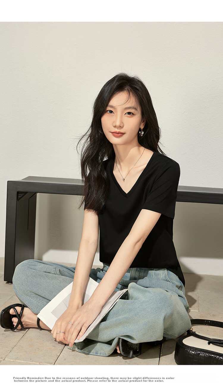 TUCANO Cotton Short Sleeve T-Shirt for Women, 2026 Summer New Style V-Neck Regular Shoulder Loose Solid Color Slimming Versatile Top, Black, S 6