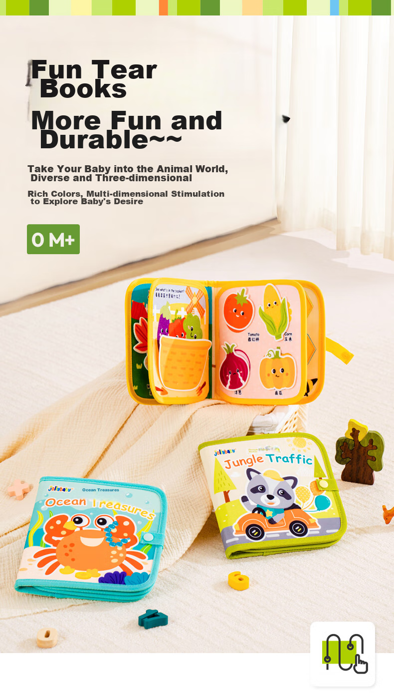 Jollybaby Tear-Resistant Book, Baby-Safe Chewable Cloth Book with Velcro, Early Education Children's Gift, Ocean Treasure 1