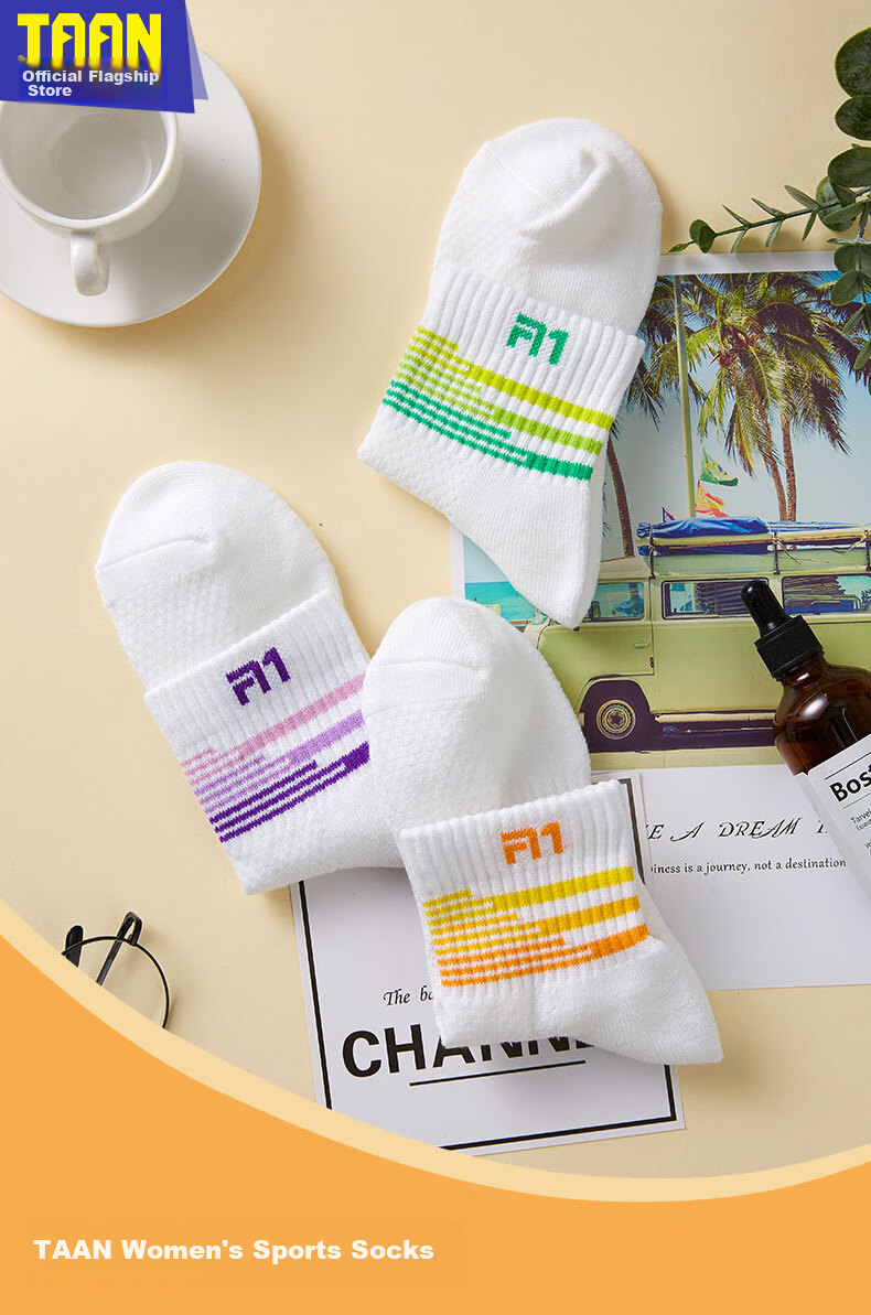 Taan Badminton Socks with Thick Terry Bottom, Sweat-Absorbing And Breathable Sports Socks, Mid-Calf Women's Socks T178, White And Orange Color, 3 Pairs Per Pack 1