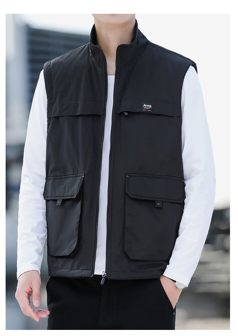 JEEP SPIRIT Fleece-Lined Casual Vest for Men, Spring And Autumn Wear, Two-Way Vest, Workwear Jacket, Khaki, 2XL 6