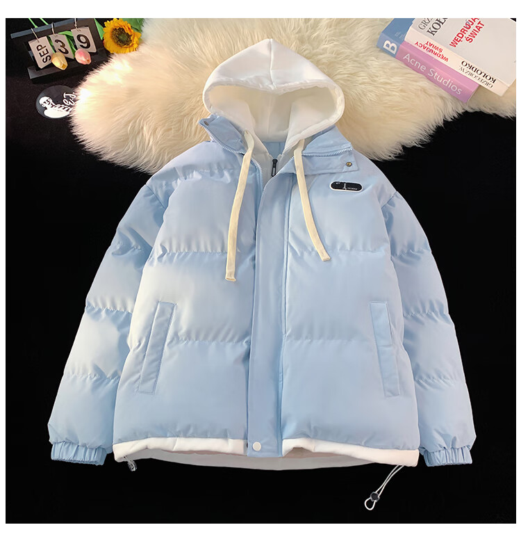 NASA MARVEL Men's Padded Cotton Jacket Winter Coat Trendy Two-in-One Hooded Couple's Puffer Jacket Light Blue 3XL 4