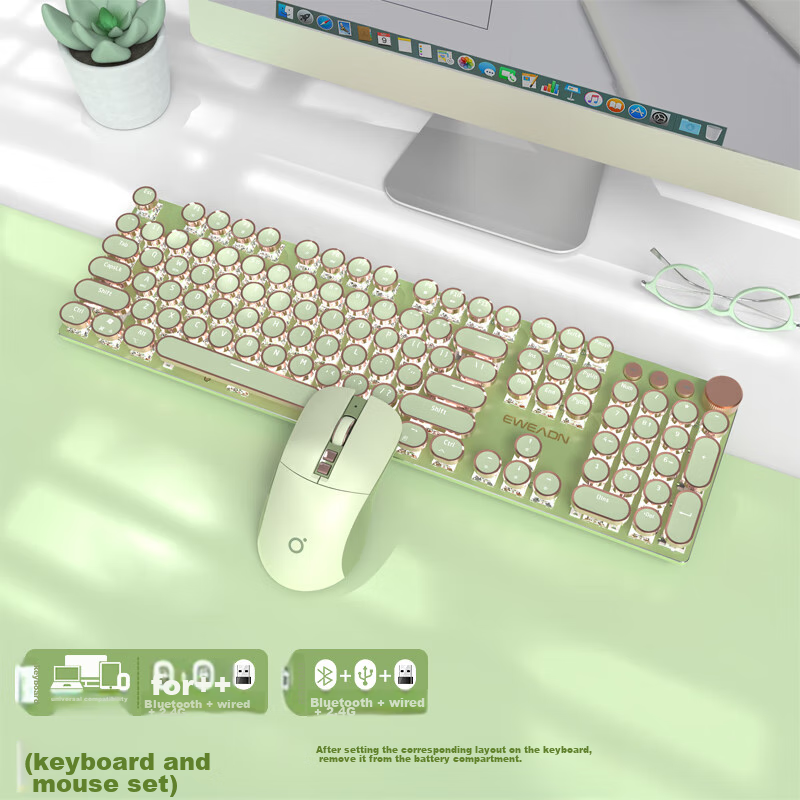 EWEADN V20 104-Key Wired/wireless Mechanical Keyboard And Mouse Set with Bluetooth Triple-Mode Punk High-Aesthetic Design for Women's Office, Computer, Laptop, Tablet (iPad) Use with Pink Switches - Matcha