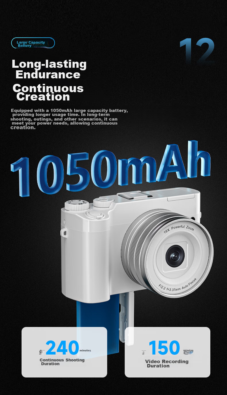 SONGDIAN Digital Camera with Dual Front And Rear Sensors, 4K High-Definition Mirrorless Camera for Vlogging, Portable, Entry-Level Student Camera DC218 White + Wide-Angle Lens 256GB Memory 14
