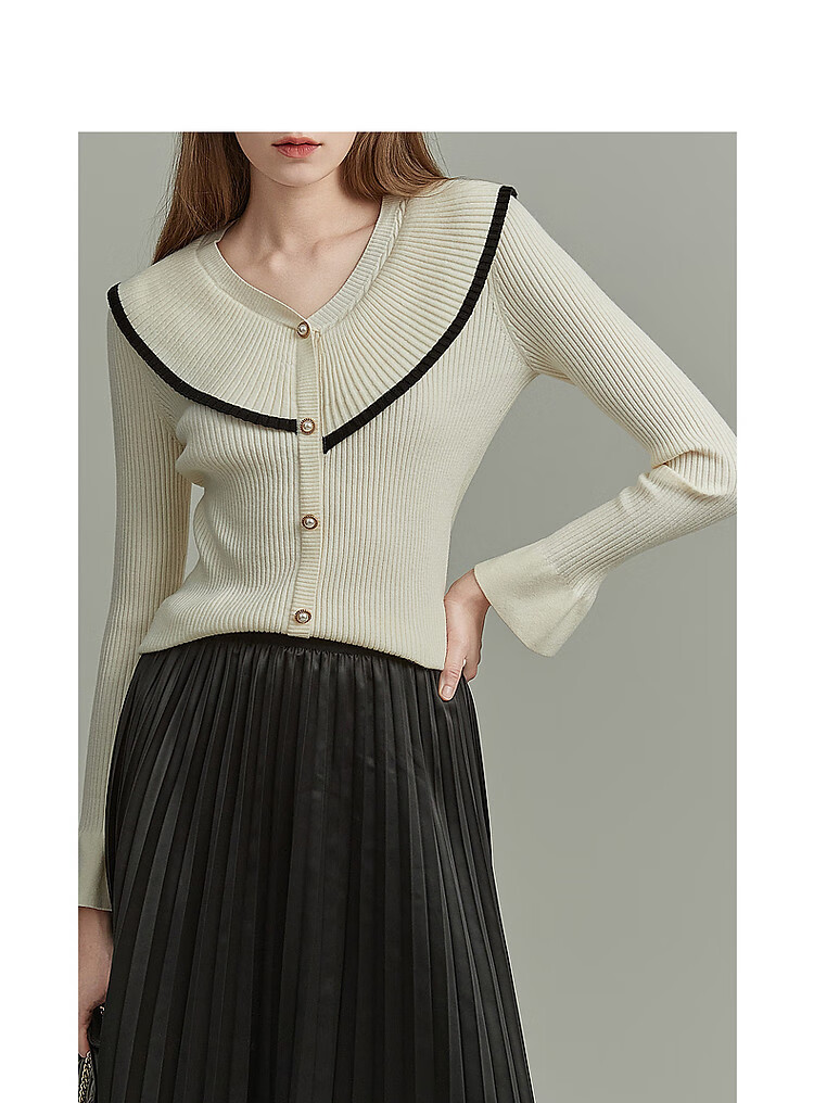 Dme V-Neck Faux Fur Cardigan with Ruffle Trim And Contrasting Color, Ruffle Trim Knit Sweater Women's Top, Black, S 3