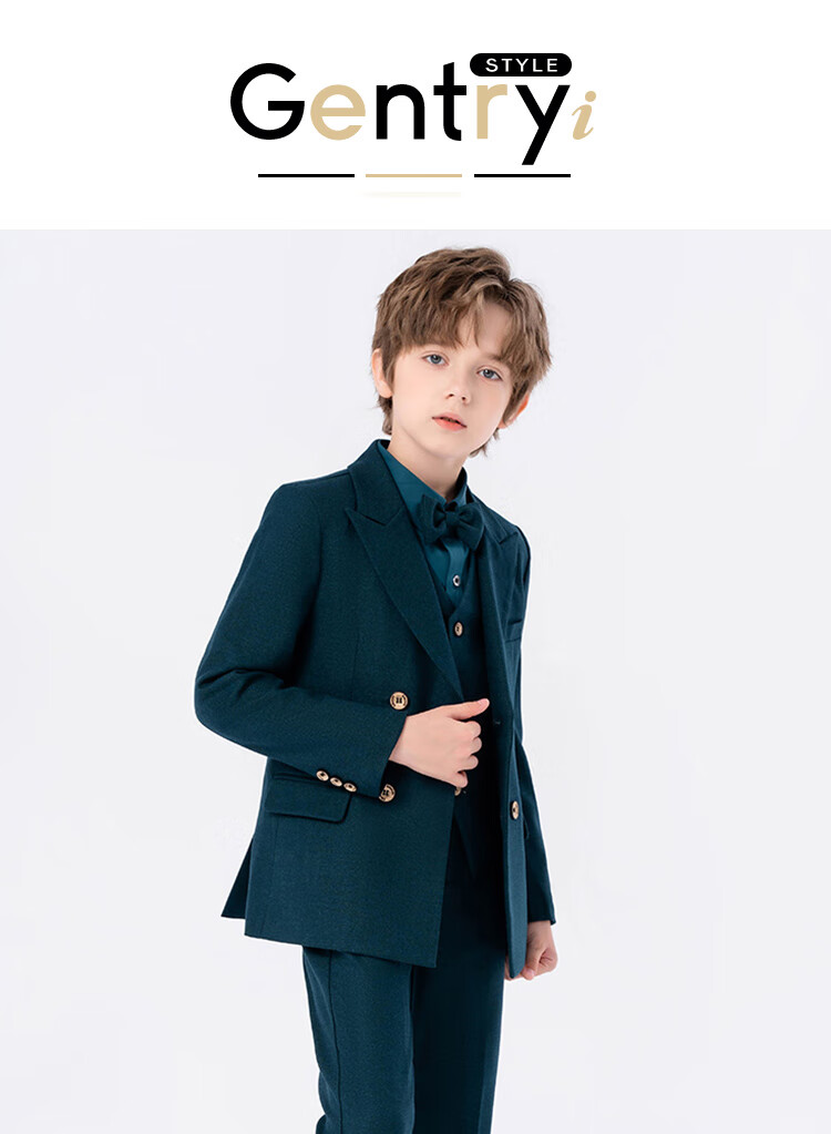 LUOBOBEIBEI Boys' Suit Set Children's Formal Wedding Flower Boy Blazer New Year Performance Outfit Dark Green Five-Piece Set Size 160 1