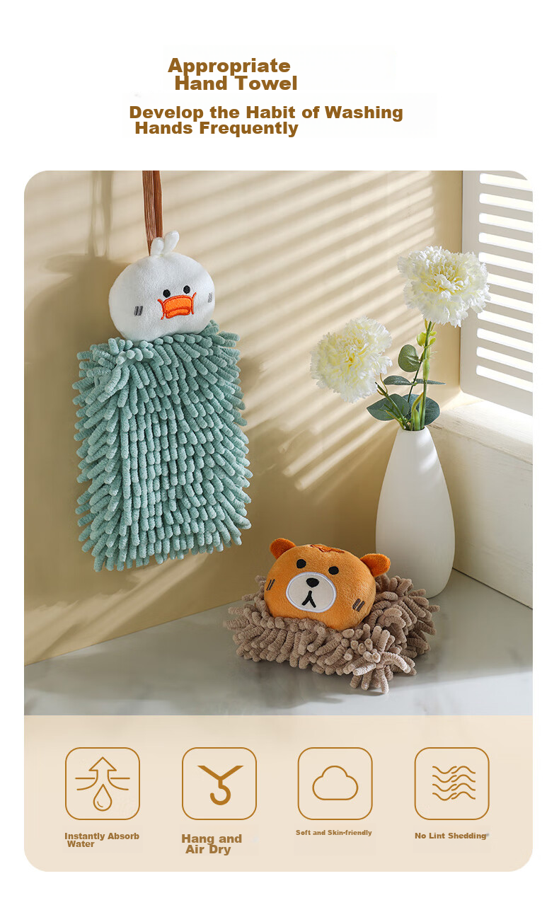 Grace Hand Towels, 16*26cm*2 Pieces, Chenille Thickened Absorbent Sponge Bathroom Towels, Dora Duck + Bit Bear 2