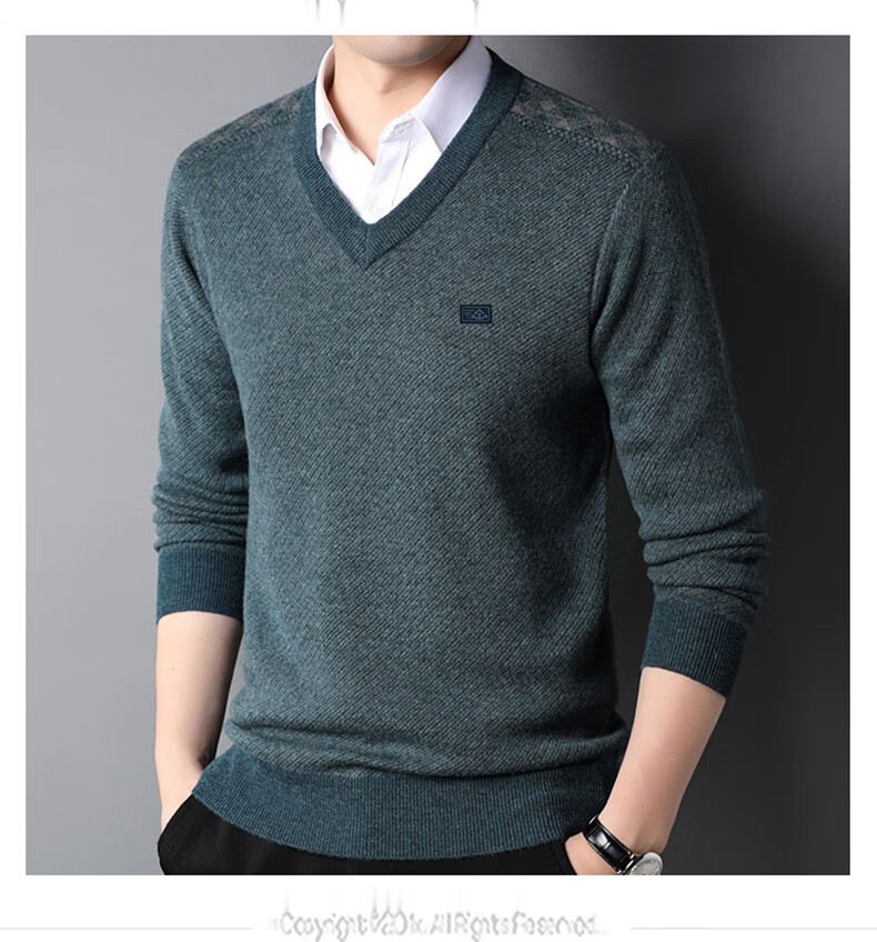 Hengyuanxiang 100% Pure Wool Men's V-Neck Thick Sweater Heart-Shaped Collar Men's Clothing 15213601 Blue Black 170/88A 3