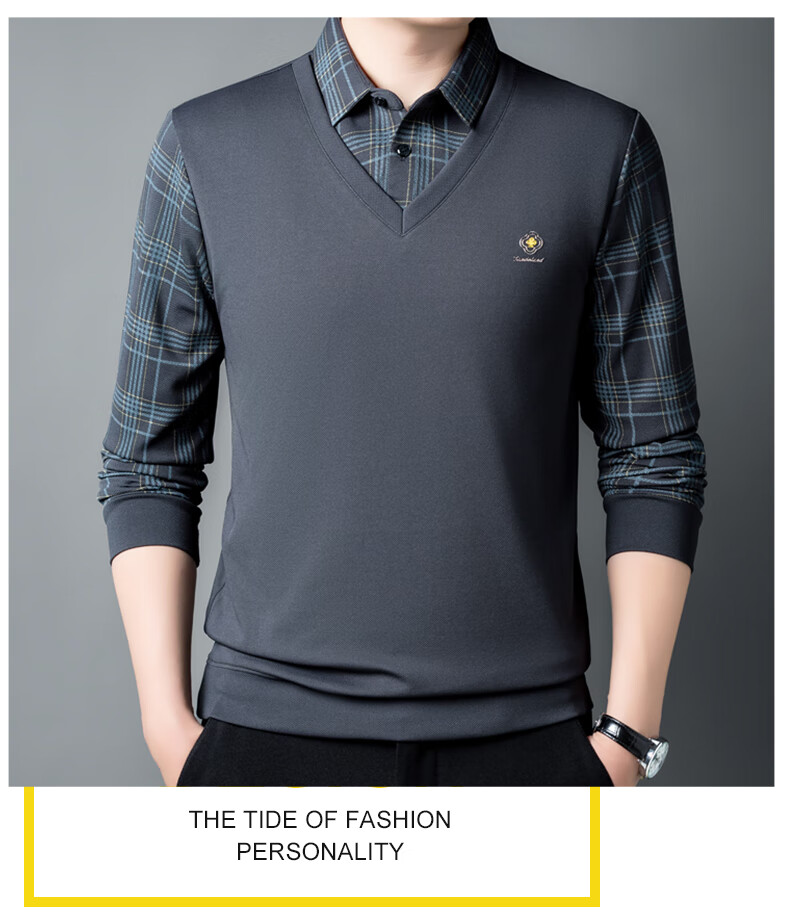 Pierre Cardin Men's Long Sleeve T-Shirt Spring Autumn Business Casual Two-in-One Polo Shirt Dark Gray XL 2