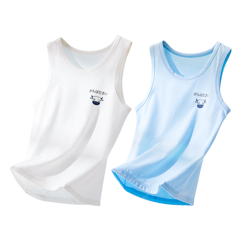 LangSha Children's Tank Top, Boys' Summer Thin Cotton Vest, Baby T-Shirt Undershirt, 2-Piece Set, White + Blue, Size 160