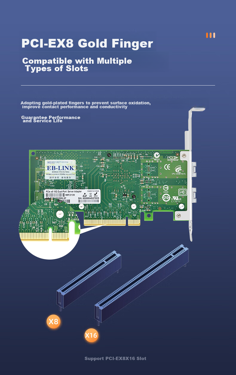 EB-LINK Intel 82599 Chip PCI-E X8 10G Dual-Port Fiber Optic Network Card with SFP+ Multi-Mode Optical Module X520-SR2 Server Network Adapter 11