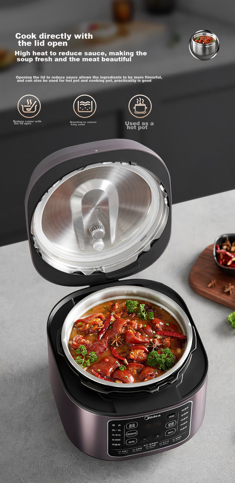 Midea Electric Pressure Cooker, 5L Stainless Steel Inner Pot without Coating, Household High-Pressure Cooker, Multifunctional Smart Lid with Timer, Steam And Boil Separately, Less Salt for Better Flavor, MY-C540G 15
