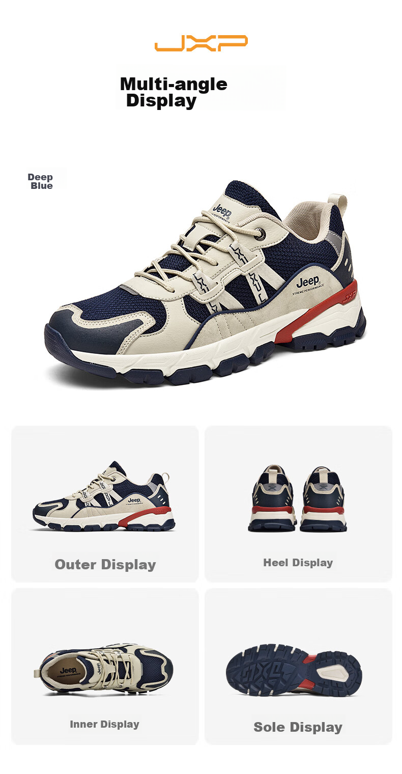 JEEP Hiking Shoes for Men, Outdoor Sports Shoes, Anti-Collision Wear-Resistant Shock-Absorbing Running Shoes, Non-Slip Mountaineering Boots for Men, Dark Blue, Size 42 23