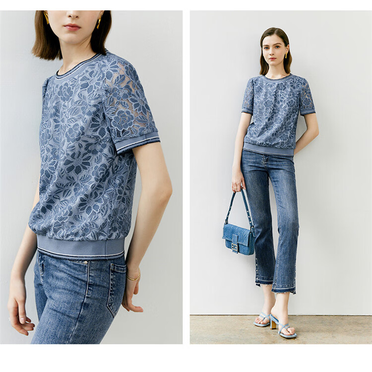 YANYEE Crochet Hollow Lace Top Women 2023 Summer Light Mature Style Short Loose T-Shirt Blue S/36 10