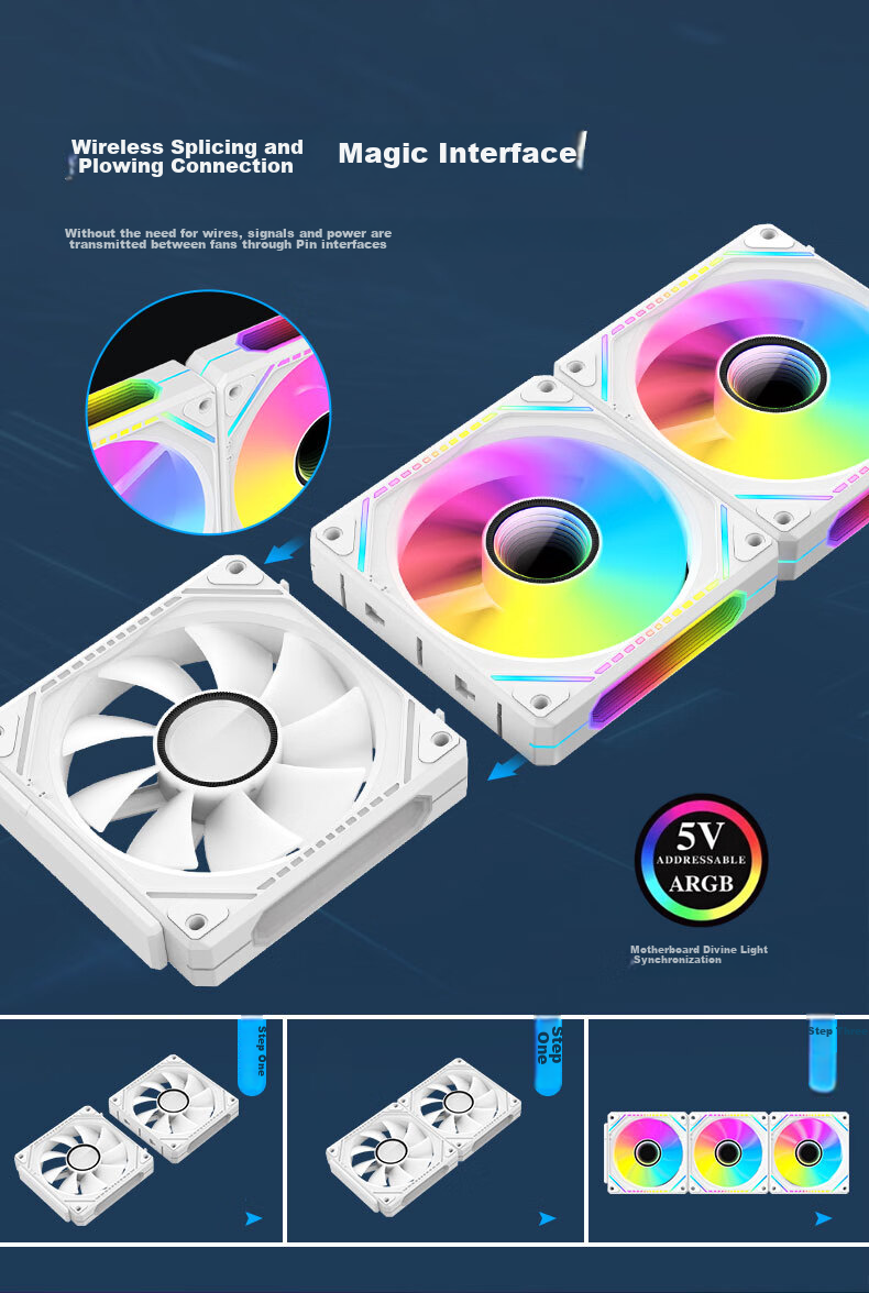 PowerTrain Prism PLUS Building Block Fan, White Straight Blade, ARGB Lighting Synchronization, 12CM Desktop Computer Tower Water Cooling Fan, Infinite Mirror Light Effect, Single Pack Versio 3