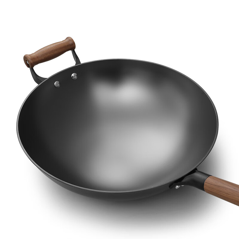 Dianjiang Uncoated Cast Iron Wok, Large Deep Round Bottom, Non-Stick And Rust-Resistant, for Home Use, 36cm Single Handle Frying Pa