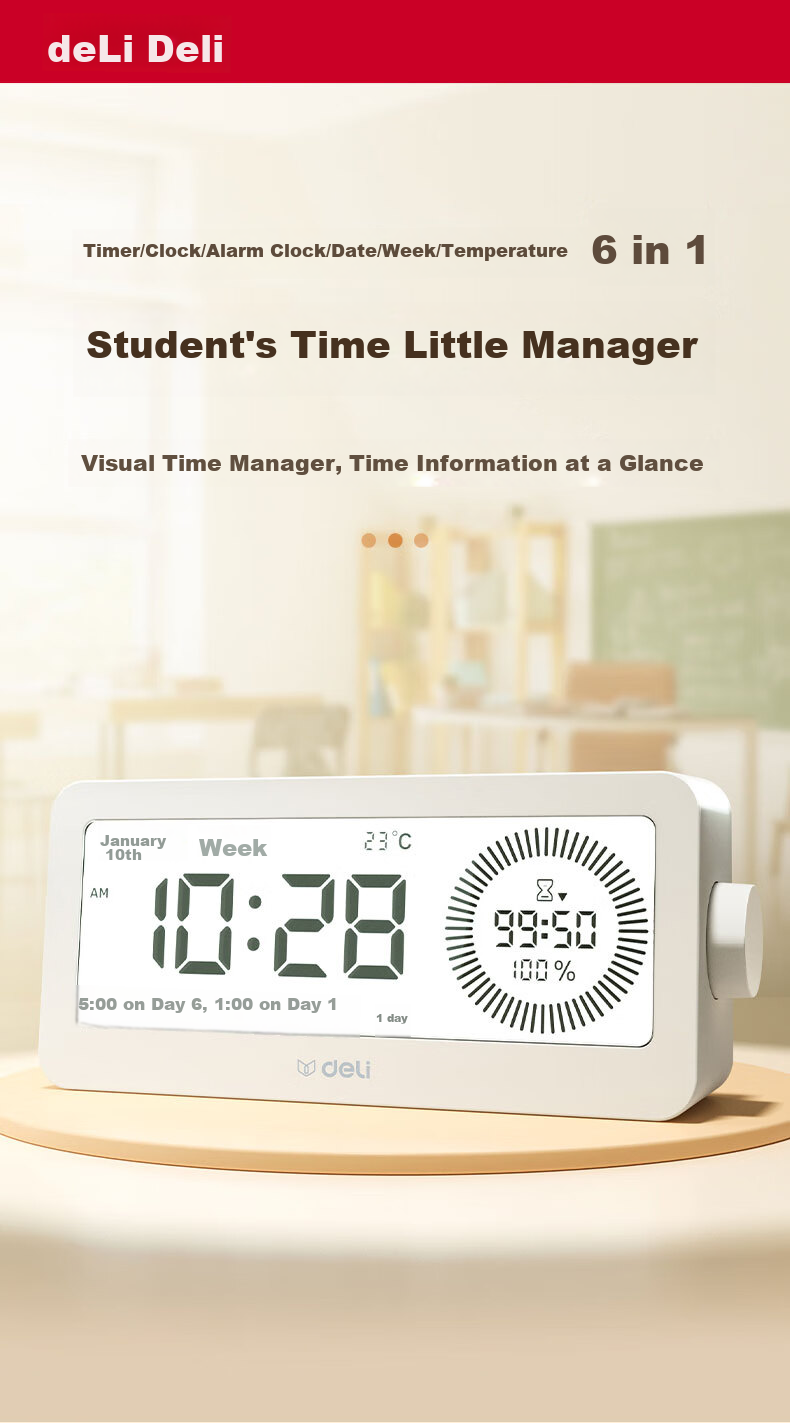 Deli Visual Smart Alarm Clock Timer, Student-Specific Wake-Up Device with Backlight Bedside Clock And Thermometer, Essential for Back-To And Graduation Seasons, LE107 White Gift 1