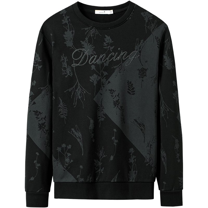 DANCING WOLVES [National Trend Floral] Exquisite National Trend Plant Print Casual Men's Crew Neck Sweatshirt, 001 Black, 170