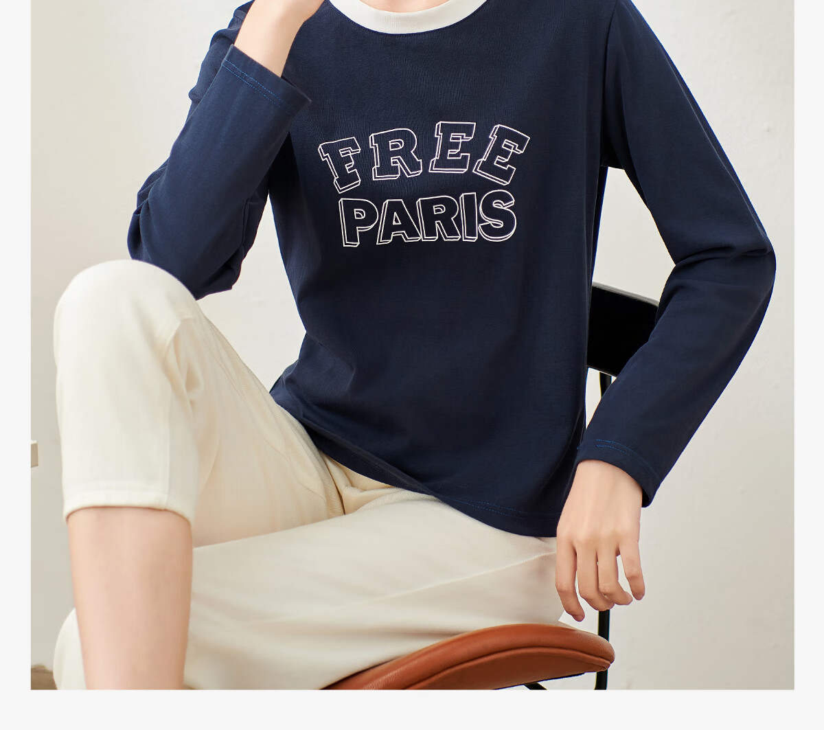 Chushen Spring And Autumn Long-Sleeve T-Shirt for Women, Round Neck with Letter Print, Versatile Color-Block Layering, Commuter Base Shirt Top S143T2024 1