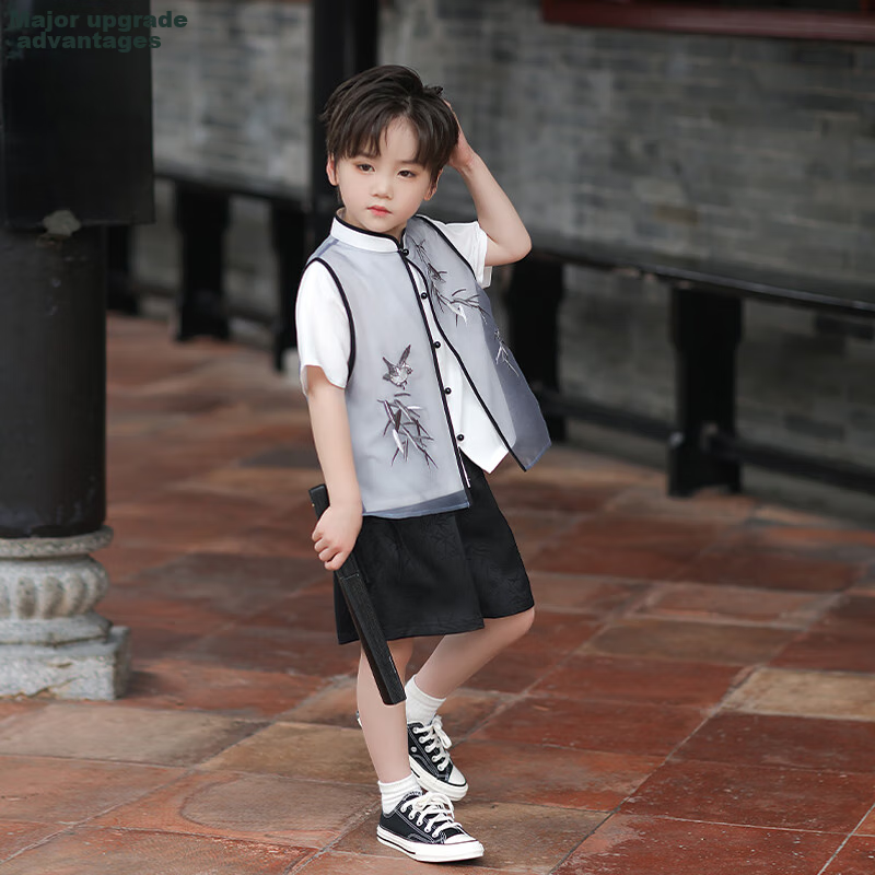 Qibo Boys' Hanfu, New Summer Style, Neo-Chinese National Style Children's Performance Costume, Bamboo Shadow Short Sleeve (Top Only), Size 100