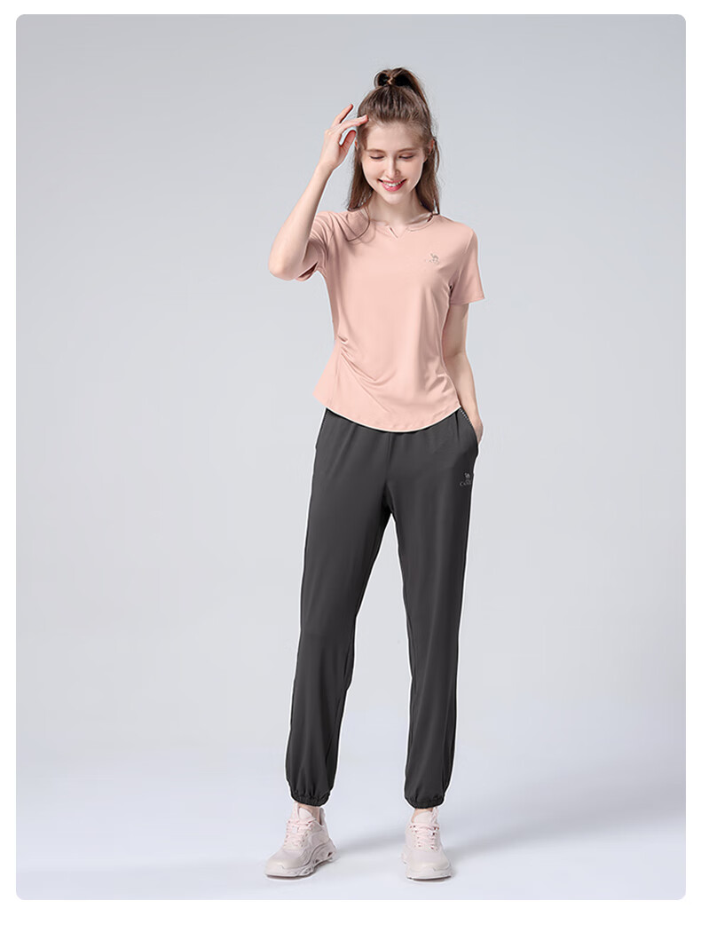 CAMEL Women's Sportswear Set, New Yoga Fitness Pilates Elastic Short-Sleeve Top And Long Pants, Anti-Exposure Two-Piece Athletic Outfit 40