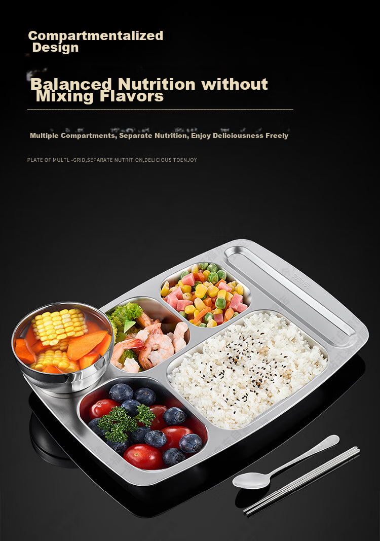 Jinwanfu Stainless Steel Divided Plate, School Canteen Dining Tray, 304 Stainless Steel Compartment Plate, 1.0mm Thick, 450g, Large Six Compartments 5
