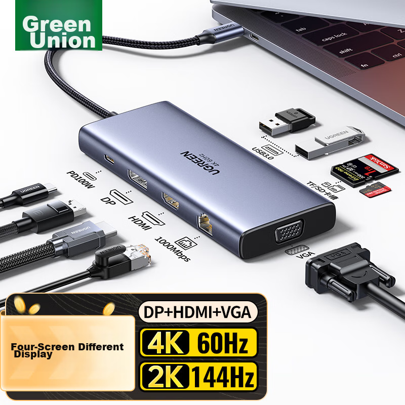 UGREEN Type-C Four-Screen Display Dock, USB-C to DP/HDMI/VGA Converter, Thunderbolt 4 Expansion Dock, Multi-Screen Extension, 4K Split-Screen Extension, Compatible with Honor And Huawei Computers And Phones, MST