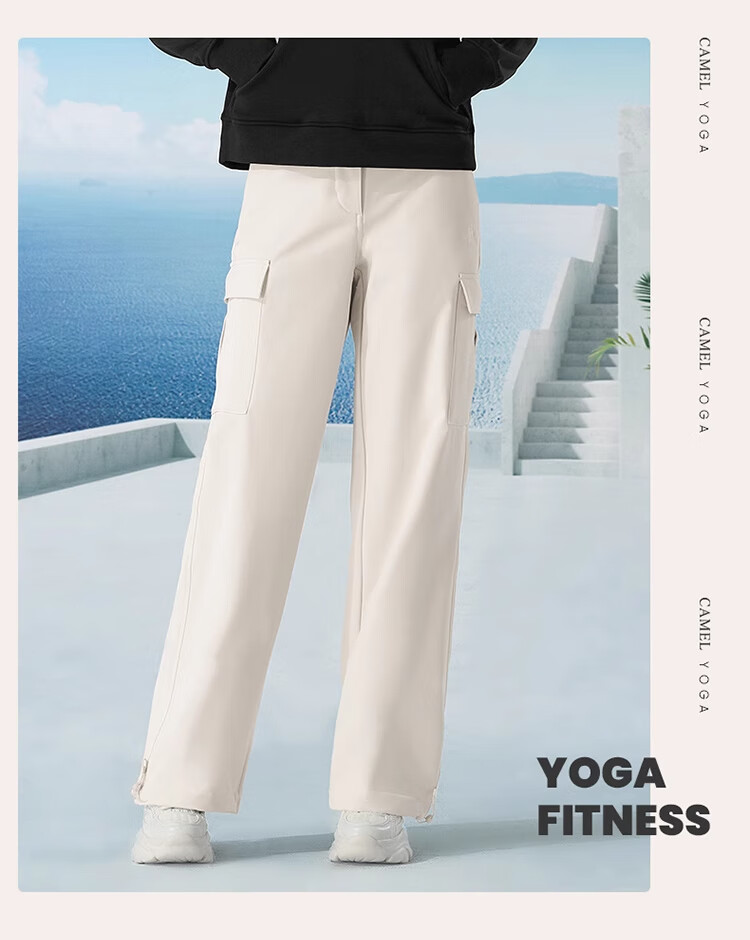CAMEL Women's Cargo Pants, Unisex Style, Autumn Waterproof Casual Pants, Slimming Straight-Leg Sweatpants, Fleece-Lined Fashionable Woven Pants, Size L 19