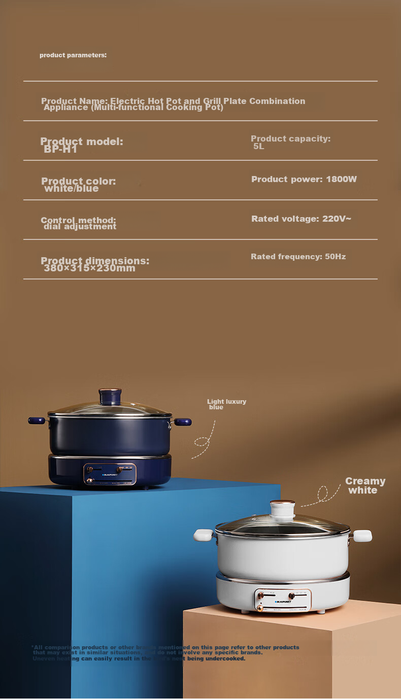 BLAUPUNKT Electric Hot Pot with Adjustable Height, Multi-Functional Cooking Pot for Home Use, 5L Detachable Electric Cooker with Magnetic Stove, Electric Stew Pot, Barbecue Meat Frying Stir-Frying Stewing Pot, Light Luxury Blue H1 24