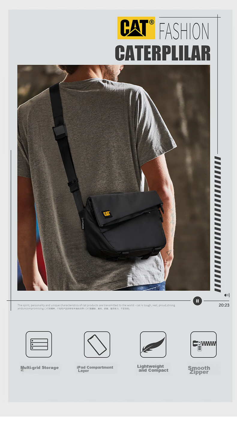 CAT Messenger Bag, Single Shoulder Crossbody Bag, 11-Inch IPad Briefcase, Trendy Chest Pack, Horizontal Style, Motorcycle Outdoor Bag, Black, 84561 2