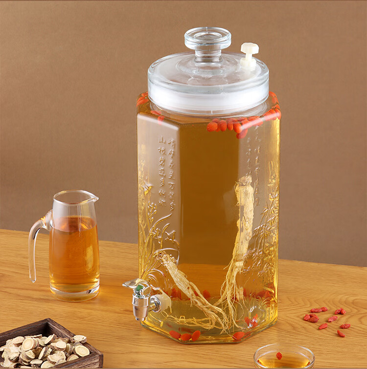Jidukongjian Liquor Infusion Bottle, Glass Jar Wine Container, Sealed Vessel for Brewing Ginseng Wine, Specialized Bottle with Tap, 10 Jin Capacity 1