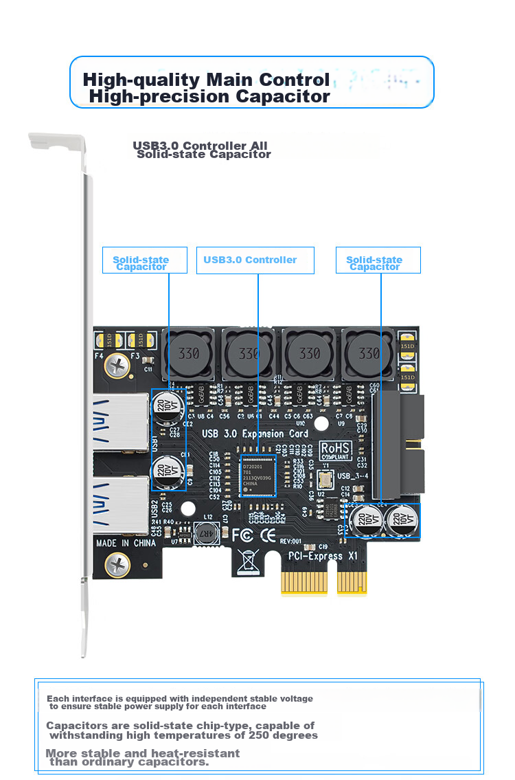 EB-LINK PCIe to 4-Port USB 3.0 Expansion Card with Realtek (NEC) Chip, Desktop Computer Rear 2 Ports + Front 19-PIN Interface USB Adapter Card, Independent Power-Free 5