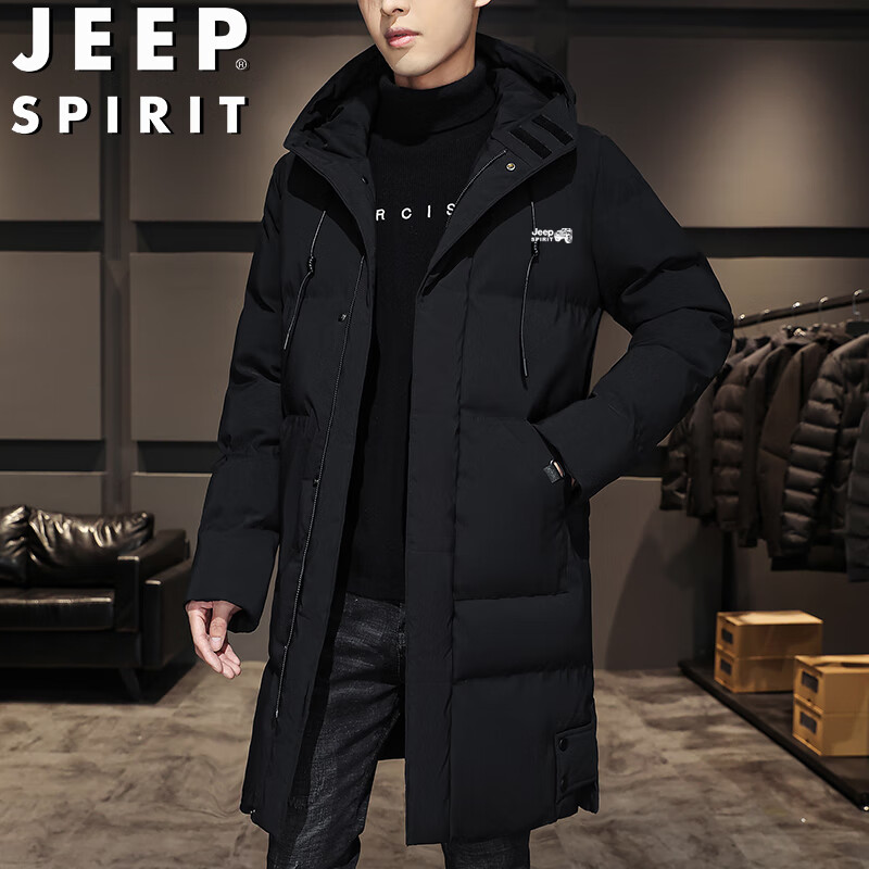 JEEP SPIRIT Men's Cotton Jacket, Autumn And Winter Mid-Length Puffer Coat, Warm Loose-Fitting Outerwear, Black, 2XL