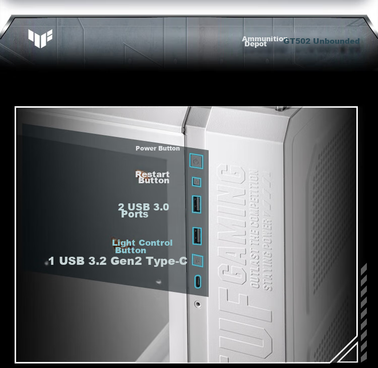 ASUS TUF GAMING GT502 Infinite Arsenal Edition Case, Full View without Pillars/ATX Motherboard/Dual Compartment Design/Tool-Free Disassembly 13