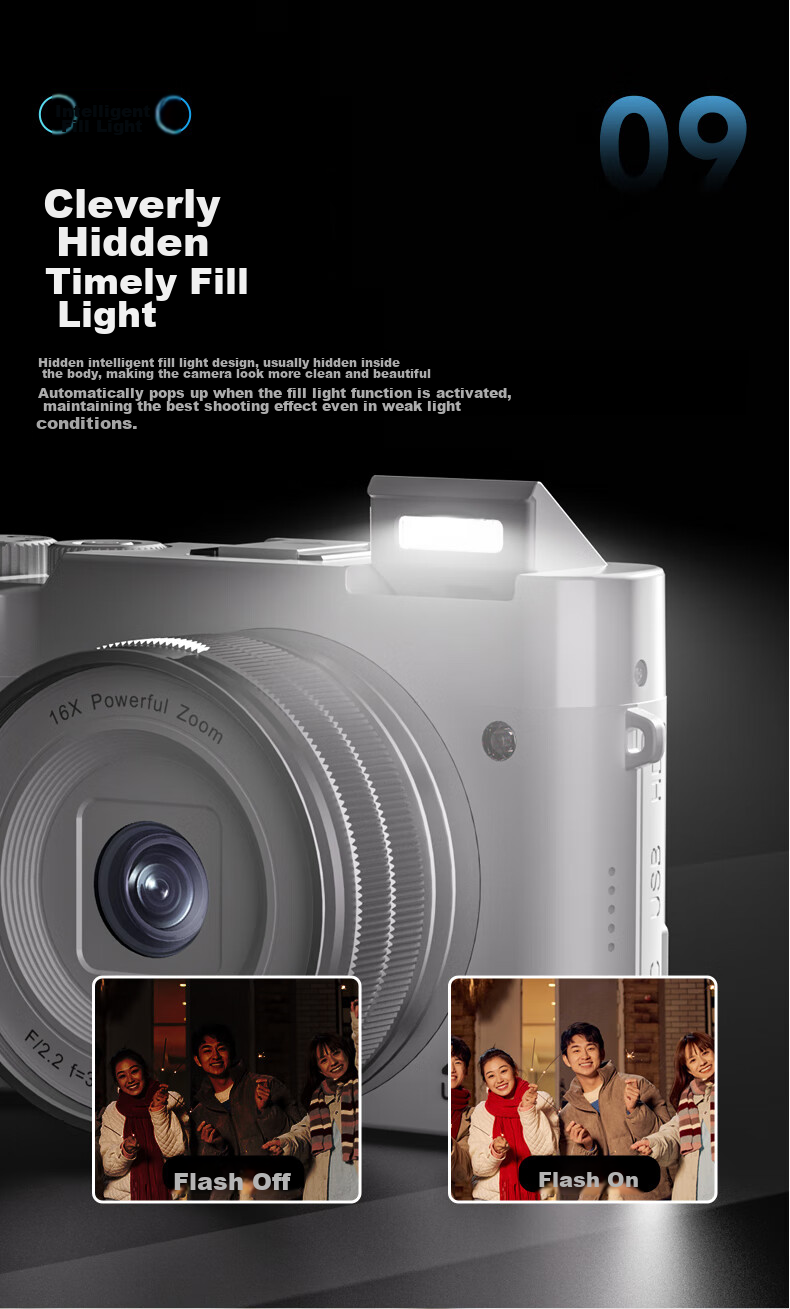SONGDIAN Digital Camera with Dual Front And Rear Sensors, 4K High-Definition Mirrorless Camera for Vlogging, Portable, Entry-Level Student Camera DC218 White + Wide-Angle Lens 256GB Memory 11