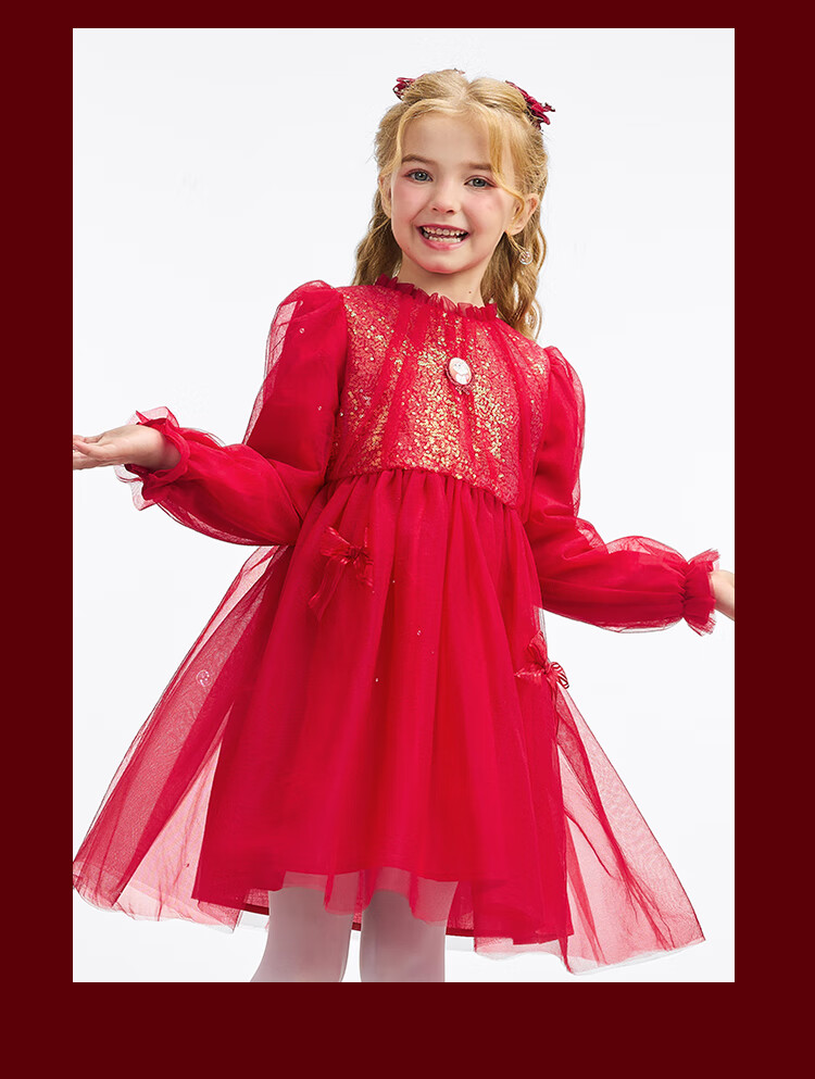 DISNEY Girls' Traditional Style Long Sleeve Dress New Year Princess Dress 25 Spring Autumn DB411RE02 Red Size 110 28