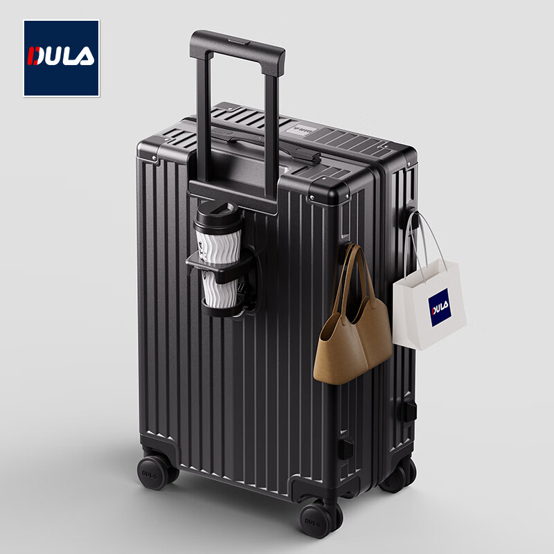 DULA Luggage High-Quality Suitcase with Cup Holder, Multifunctional Trolley Case for Men And Women, Travel Suitcase with Password Lock, Glossy Black, 24 Inches