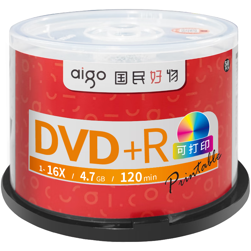 Aigo DVD+R Discs, 16x Speed, 4.7GB Capacity, Blank Discs, Printable, 50 Pieces in A Barrel, Video Data Backup, Stable Recording