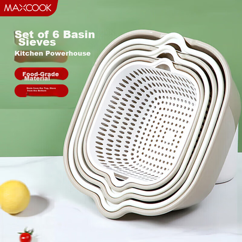 Maxcook Colander Set, Plastic Strainer Basket for Washing Vegetables, Fruits, And Rice, Gray And White, 6-Piece Set MCPJ8329