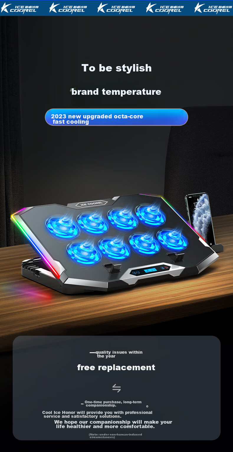 ICE COOREL K10 Laptop Cooling Pad, Computer Desk Stand, Gaming Laptop Cooling Base, Adjustable Speed Cooling Fan with RGB Lighting, Suitable for 17-Inch Lenovo Alienware Legio 1